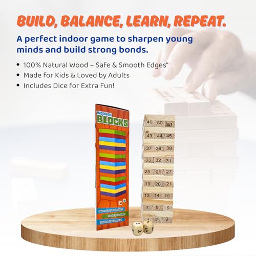 Image of 54 Pcs Wooden Tumbling Tower Game | Indoor Stacking Puzzle Blocks for Kids, Adults & Families | Fun Balancing Toy for Boys & Girls of All Ages | Party Game & Brain Training