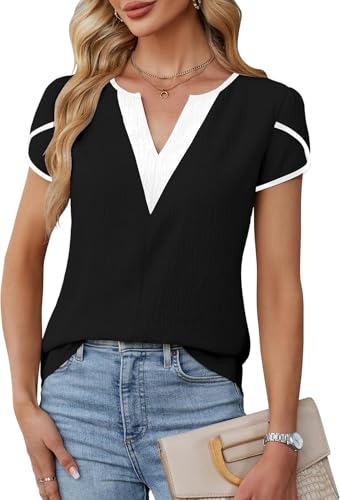 LEKOPUR Bluse Damen Kurzarm Shirt Blusen Elegant Schwarze Weiß Farbblock V-Ausschnitt Sommer Oberteil für Party Outfit Tunika Damenblusen
