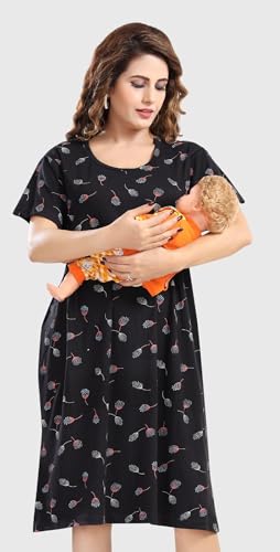 Image of Fabme Women's Above Knee Length Printed Pre and Post Pregnancy Pure Cotton Nursing Nightdress Nighty