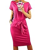 PRETTYGARDEN Women's Summer Short Sleeve Crewneck Striped Dress Basic Solid Tie Waist Office T Shirt Dresses Pockets Rose Red