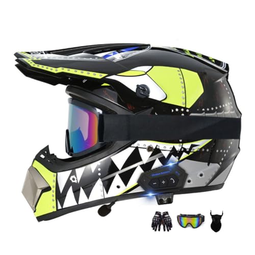 Off-Road Motorcycle Helmet with Bluetooth, Adult &Youth Dirt Bike ATV Racing Crash Touring Helmet with Gloves Goggles Mask, Lightweight Motocross Downhill Sports Helmets, DOT Approved-7||Small