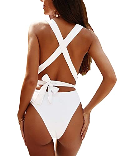 Image of Lilosy Sexy Tie Criss Cross Plunge One Piece Thong Swimsuit High Cut Brazilian Bathing Suit