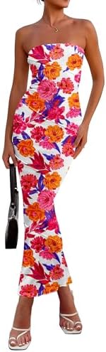 PRETTYGARDEN Women's 2026 Summer Floral Bodycon Maxi Dresses Ribbed Strapless Tube Casual Boho Party Long Dress