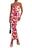 Picture of PRETTYGARDEN Women's 2025 Summer Floral Bodycon Maxi Dresses Ribbed Strapless Tube Casual Boho Party Long Dress (Floral White,X-Small)