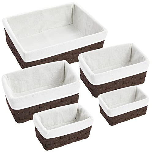 Juvale 5 Pack Wicker Nesting Baskets with Cloth Lining for Pantry Shelves, Rectangular Storage Bins for Organizing Closet (Brown, 3 Sizes)