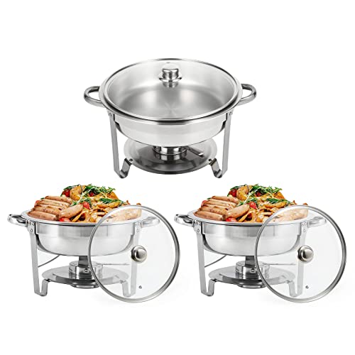 Restlrious Chafing Dish Buffet Set 3 Pack Stainless Steel Round Chafers And Buffet Warmers Set With Glass Viewing Lid, 5Qt Foldable Complete Set For Buffet Catering W/Water Pan, Food Pan, Fuel Holder #TOP16