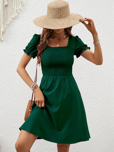Image of Berydress Women's Summer Dresses 2026 Pockets Short Sleeve Square Neck Flowy A Line Casual Boho Smocked Mini Sun Dress