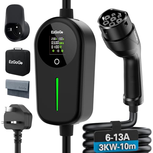 EzGoGo EV Charger 3 Pin Plug 32.81Ft/10M Type 2 Charging Cable 3kW [6/8/10/13A] Electric Car Charger IP65 Advanced Protection car charging cable Suitable for EVs & PHEVs