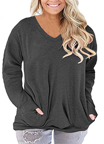 ROSRISS Womens Plus Size Tops 2X Long Sleeve V Neck Casual Tunics Shirts Grey 20W