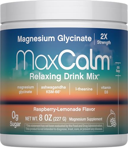 Max Calm Relaxing Drink Mix | Raspberry-Lemonade Flavor | Magnesium Glycinate KSM-66 Ashwagandha L-Theanine & Vitamin D3 | MaxCalm | Gluten-Free Vegan | 8 Ounce Powder