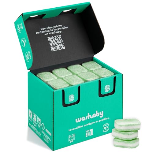 Washaby - Pastillas Lavavajillas Ecológicas | 60 Cápsulas Acción 9 en 1 | Certificado Ecolabel | Detergente Lavavajillas Ecológico en Cápsulas Biodegradables | 95% Natural Sin Fosfatos ni Plásticos