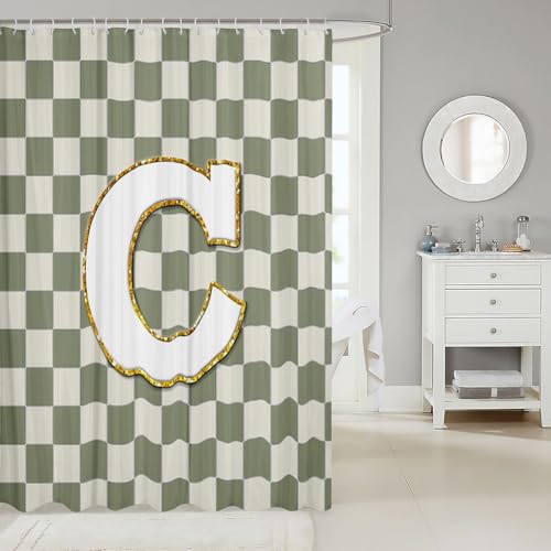 Image of Erosebridal Sage Green Checkered Bathroom Accessories Plaid Initial C Shower Curtain Personalized Monogram Bathroom Curtain for Kids Adults 72 inch Wx72 L Fashion Grids Gingham Shower Decor