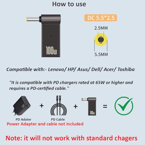 Image of ETZIN PD 100W Laptop Charger Adapter Connector USB Type-C Female to DC Male Jack Socket Converter for Acer Samsung Lenovo (5.5x2.5mm)