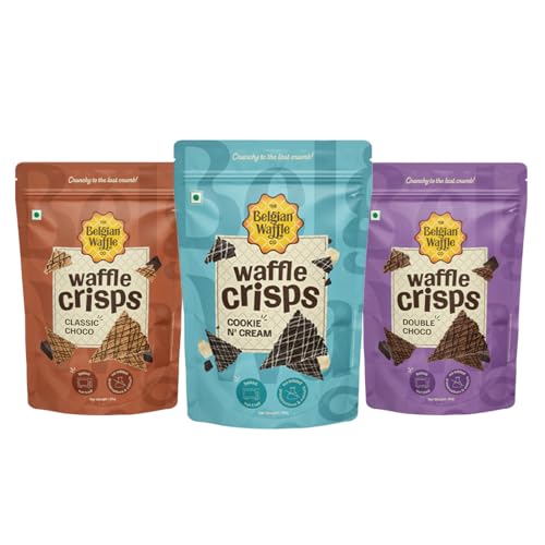 Image of The Belgian Waffle Co Waffle Crisps Combo Pack (3 Flavors) - Cookie & Cream, Double Choco, Classic Choco (85g Each) | Thin, Crunchy, Eggless, Baked Not Fried, Healthy Snacks for Breakfast