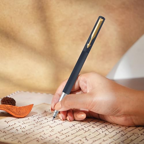 Image of Parker Vector Matte Black Gold Trim Roller Ball Pen and Card Holder, Blue Ink, Medium Point - Gift Set for Professionals, Executives, and Students