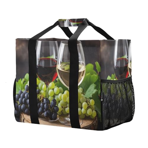 Large Waterproof Travel Tote Bag for Women Men, Red Wine Grapes Leaves Canvas Beach Bag with Lining & Pockets - Reusable Grocery/Laundry/Kitchen/Pool/Picnic Tote (15.4x9.8x12.8in)2