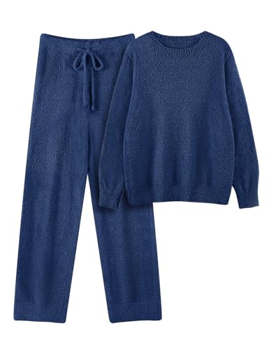Image of Uikue Fleece Pajama Set for Women Fuzzy Lounge Sets Winter Knitted Pj Loungewear Sleepwear 2 Piece Soft Sweater Pants Outfits, Navy, XXL