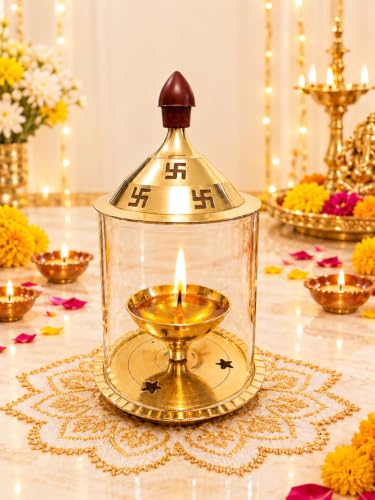 Heaven Decor Brass and Glass akhand deep Diya with Cover for Puja | Deepam Jyot Diya Oil Lamp | Pooja Articles and Pooja Items for Home Temple 4.8 inc