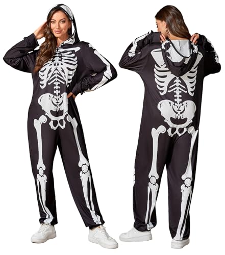 Aibaowedding Halloween Skeleton Unisex Onesie Pyjamas for Adults Skelett Jumpsuit Pyjamas Costume Cosplay Kostüm mit Kapuze Schwarz (M Schwarz-Weiß)