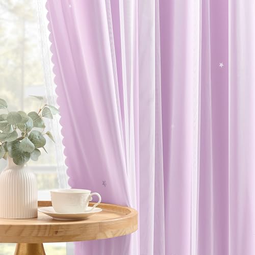 Image of XiDi Light Purple Blackout Curtains for Kids Girls Bedroom 2 Panels 96 Inches Long Star Cut Out Nursery Curtain Princess Mermaid Wall Decor Room Darkening Double Layer Window Drapes Grommet W52 x L96