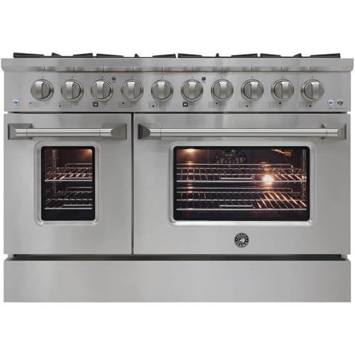BRAMA Gas Range with 8 Burner Cooktop, 48-Inch with Double Oven Porcelain Convection Oven and Broil...