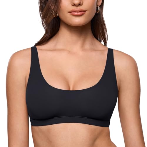 INLYRIC Women's Inbarely Soft Scoop Neck Bralette - Spaghetti Strap No Padding Unlined No Underwire Comfortable Sleep Bra Black Medium