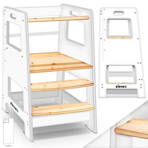KIDUKU® Lernturm aus Holz ab 1 Jahr mit 4 Stück Antirutsch Pads | Montessori Kinder-Schemel für Kinder | Lerntower für höchste Sicherheit | Learning Tower für Mädchen & Jungen (Weiß/Naturell)