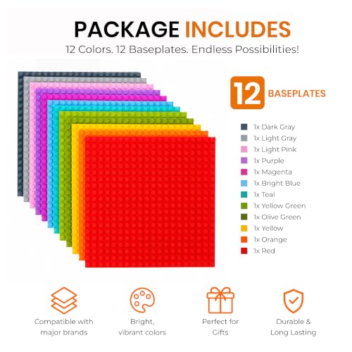 Image of Strictly Briks Stackable Baseplates - 12 Pack 10 inchx10 inch, 32x32 Studs, Compatible with Lego for Building City Scenes, Foundation, Displays Bricks on Play Table, Kids Gift, Vibrant