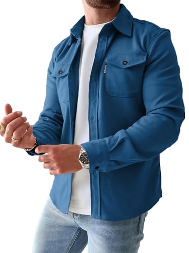 Image of Comdecevis Men's Casual Shirt Shacket Long Sleeve Button Down Lightweight Jacket Overshirt with Flap Pockets Gray Blue