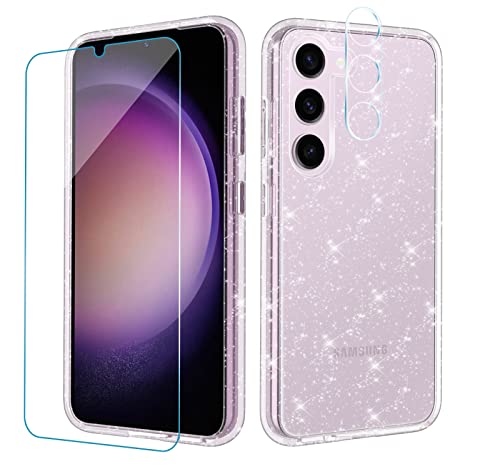 Meshine Compatible with Samsung Galaxy S23 Plus Case Clear Sparkly, [2 Screen Protector + 2 Camera Lens Protector],Crystal Shockproof Hard Back Protective Case for S23 Plus 6.6 inch, Clear Glitter