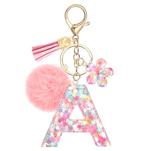JSRQT Porte-clés Rose avec Initiale A pour Femmes Filles, Nom Porte-clés en Résine Lettres Alphabet à Paillettes et Fleurs, Pompons Pendentifs Bijou de Sac...