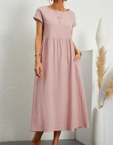 Image of BIRW Cotton Linen Dresses for Women 2025 Summer Casual A Line Flowy Dress Beach Vacation Midi Gauze Dress with Pockets