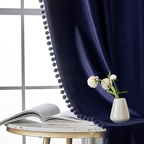 MIULEE 2 Panels Velvet Curtains Blackout Pom Pom Thermal Insulated drop Curtain Pair Eyelet Room Darkening Drapes Grommet for Living Room Kids Bedroom Nursery 46" W x 54" L Dark Blue Cover