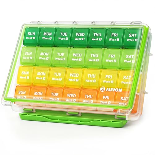 AUVON Moisture-Proof Monthly Pill Organizer, Large 28 Days Pill Box Case with Removable 4 Weeks Medication Organizer Rows, Travel-Friendly to Store Fish Oils, Vitamins, Supplements, Medications