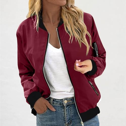 Womens Bomber Jacket Casual Stand Collar Zip Up Lightweight Solid Fall Fashion Coats Outfits with Pockets2