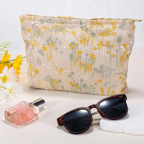 Image of MAYCREATE Canvas Makeup Pouch Bag, Embroidery Floral Makeup Bag for Women, Vintage Jacquard Zip-up Travel Toiletry Pouch for Women Organizer Travel Pouches