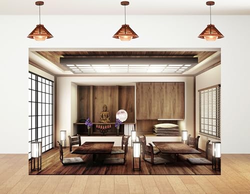 5x4ft Japanese Style Dining Room Backdrop Buddha Statue Wooden Table Tatami Mat Photography Background for Family Gathering and Cultural Party Decorations Tapestry Photo Booth Props