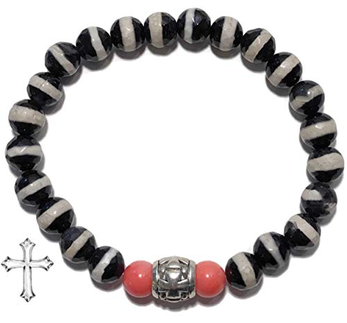 BONDS OF LOVE | Pink Coral | Tibetan Agate | Cross Bracelet |