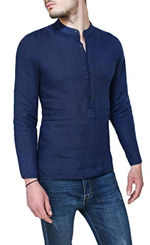 Chemise en lin homme bleu Evoga col coréen taille 3XL pour un look d'été décontracté