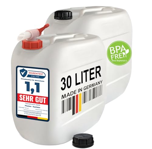 plasteo 2x 30 Liter Getränke- Wasserkanister Natur mit 1x Hahn und 2x Schraubdeckel | BPA Frei | Lebensmittelecht | Tragbar | Indoor und Outdoor | Made in Germany (2x 30L mit Hahn)
