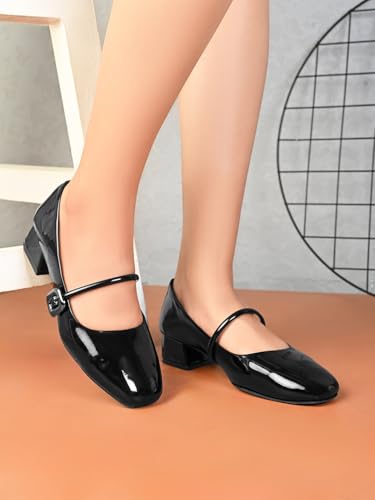 Image of XE Looks Women's Mary Jane Strap Block Heel Pumps with Glossy Upper | Closed Toe Design | Soft Cushioned Insole | Stable Supportive Heel for Girls & Women Black
