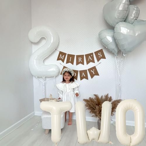 Image of 40 Inch Beige Letter Balloon, Cream White Sand Alphabet With Ribbon for 2 Year Old Birthday, Second Anniversary Party Decorations - Neutral Ivory for Kids, Boys, Girls
