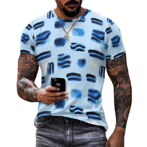 Lightweight Men's Crew Neck Fashion Printed T-Shirt Stylish Vacation Blue Watercolor Wave Brush Stroke Print Shirt 3XL