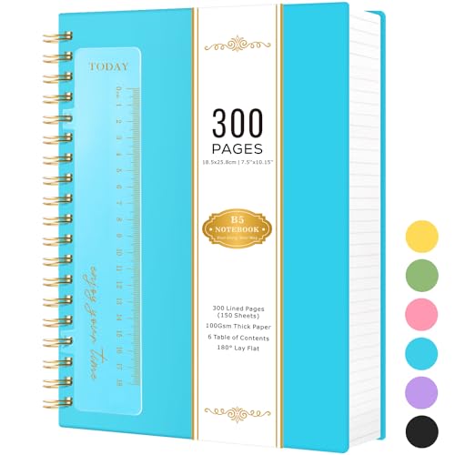 NIRMIRO B5 Notebook Notepad Lined, 18.5 x 25.8cm, Spiral Notebooks Wirebound Note Books for Women Men Work Writing, 300 Pages, 100 GSM Paper, No Bleed, PVC Waterproof Cover, Blue