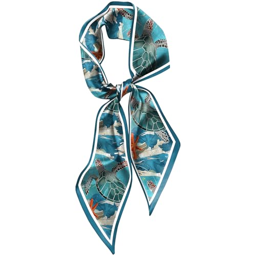 Cabreche Hair Head Scarf Neck Scarves Silk Feeling Long Satin Fashion Cute Aesthetic Decoration Handbag Women Girls 59 * 6.7''-Sea Turtle