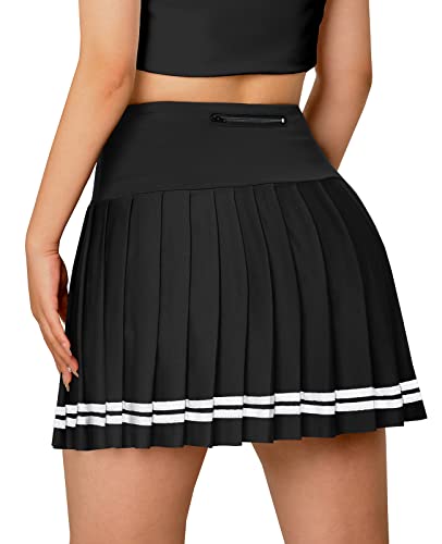 SANGTREE Women's Quick Dry Pleated Tennis Skorts Skirts, High Waisted Cute Running Golf Athletic Mini Skirt with Shorts Pockets, Black, US L