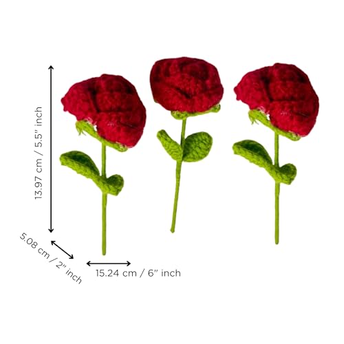 Image of eCraftIndia Set of 3 Handmade Crochet Rose Flower with Gifting Wrap for Rose Day Valentines Day Birthday for Wife Girlfriend