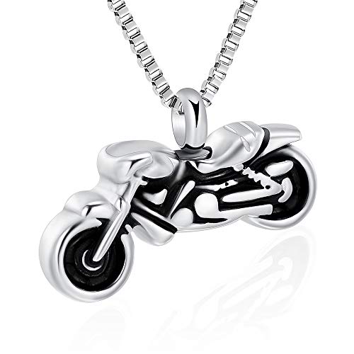 XSMZB Motorcycle Cremation Jewelry for Ashes Penadant Locket Stainless Steel Keepsake Memorial Urn Necklace for Men Women(Silver)