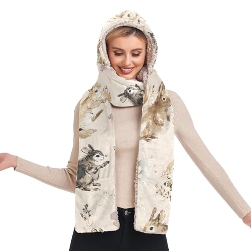 Bonnet d'hiver à capuche longue écharpe poche gants femme motif lapin aquarelle