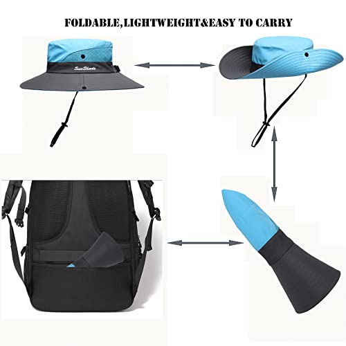 Image of Womens Summer Sun Hat Beach Hat Wide Brim Outdoor UV Protection Hat Foldable Cool Mesh Ponytail Bucket Hat